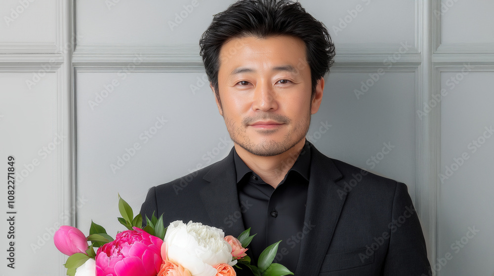 Confident man in suit holding colorful bouquet against elegant backdrop Confident man in suit holding colorful bouquet against elegant backdrop
