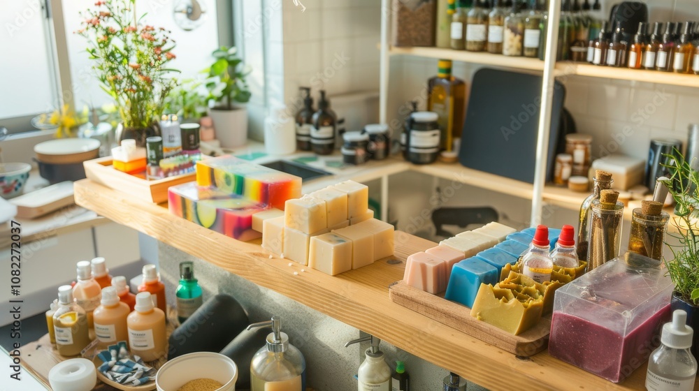 A clean soap-making station in a bright kitchen, Soap molds and ingredients precisely placed, Contemporary craft style A clean soap-making station in a bright kitchen, Soap molds and ingredients precisely placed, Contemporary craft style