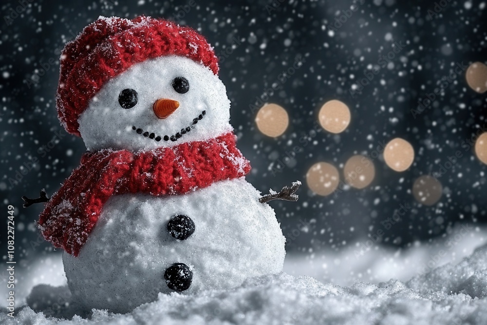 Cheerful snowman in red scarf amid falling snow and festive lights Cheerful snowman in red scarf amid falling snow and festive lights