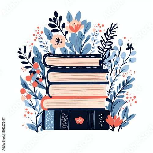 Stack of books with bookmark, simple flat vector