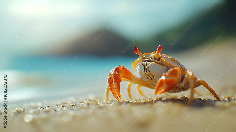 Vibrant Orange Crab Crawls on Sunny Beach Sand, near Turquoise Ocean Water, a Coastal Summer Scene Vibrant Orange Crab Crawls on Sunny Beach Sand, near Turquoise Ocean Water, a Coastal Summer Scene
