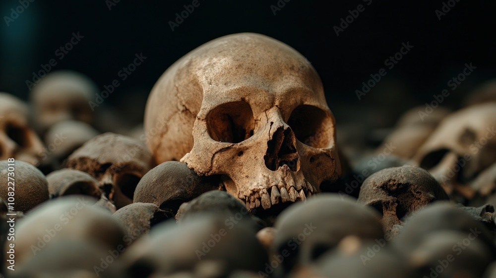 Close-up of a Human Skull in a Pile of Skulls Close-up of a Human Skull in a Pile of Skulls