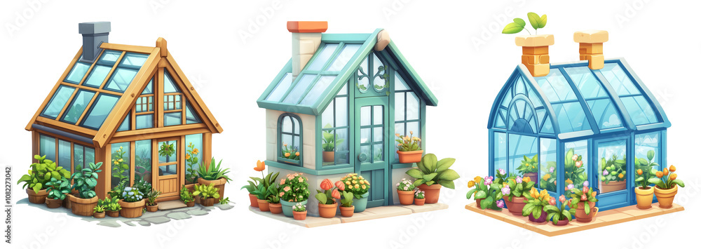 Naklejka premium Colorful Greenhouses with Plants on Transparent Background