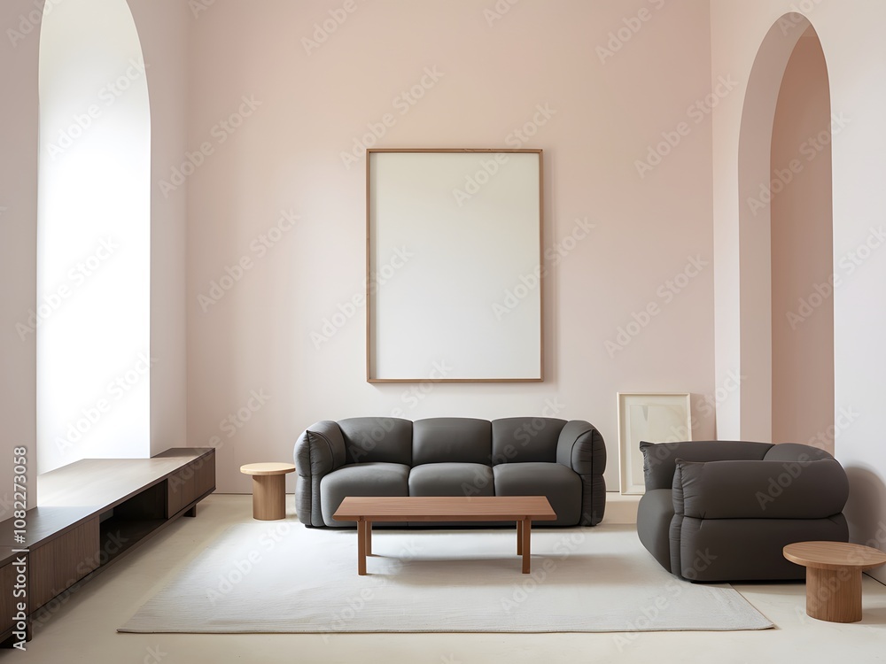 Fototapeta premium A minimalist living room with a large archway. On the left, there's a tall, arched window allowing natural light to flood in.