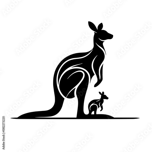 A black and white silhouette of kangaroo and baby kangaroo, minimalist stroke, minimalist art style, vector, isolated, transparent background