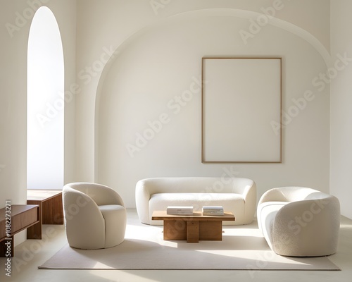 A minimalist living room with a large archway. On the left, there's a tall, arched window allowing natural light to flood in. Mockup