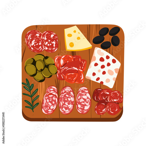 Charcuterie board with meats, cheeses, and olives, simple flat vector