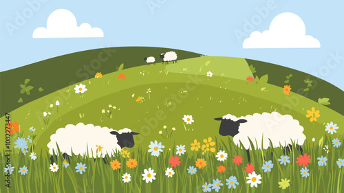 Sheep Grazing on a Flowered Hill