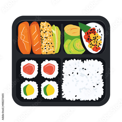 Bento box with rice, sushi, and tempura, simple flat vector