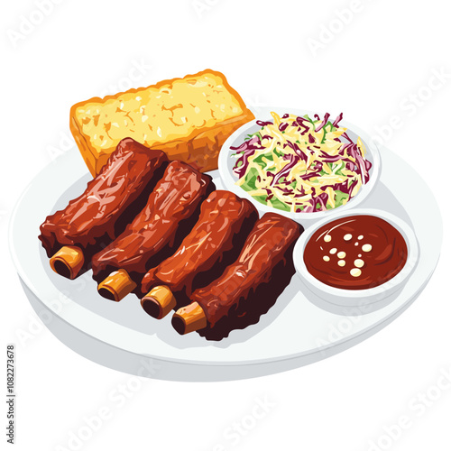 BBQ plate with ribs, coleslaw, and cornbread, simple flat vector