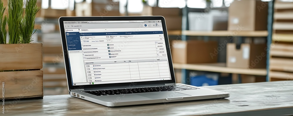 Obraz premium A laptop displaying software on a table in a warehouse environment.