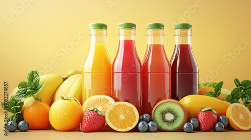 Refreshing Bottles of Fruit Juice Surrounded by a Vibrant Array of Fresh Fruits Including Bananas, Oranges, Kiwis, and Berries on a Bright Yellow Background
