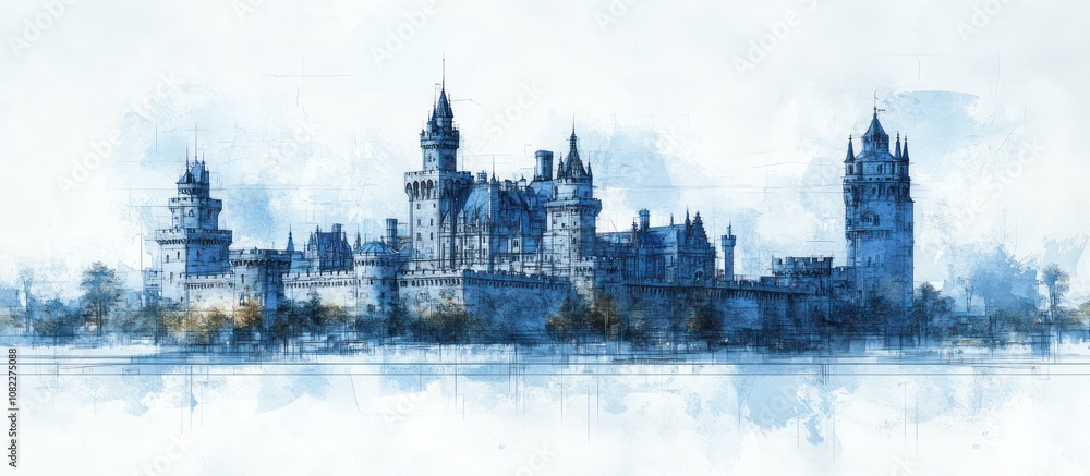 Fototapeta premium A watercolor illustration of a grand castle with multiple towers and a surrounding moat, painted in shades of blue.