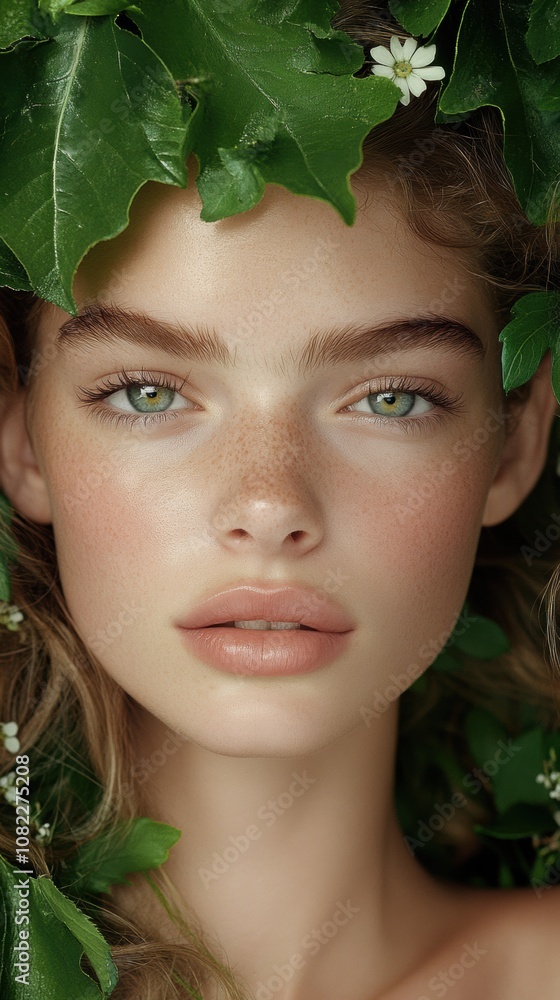 Young woman with natural beauty surrounded by lush green leaves, AI Young woman with natural beauty surrounded by lush green leaves, AI