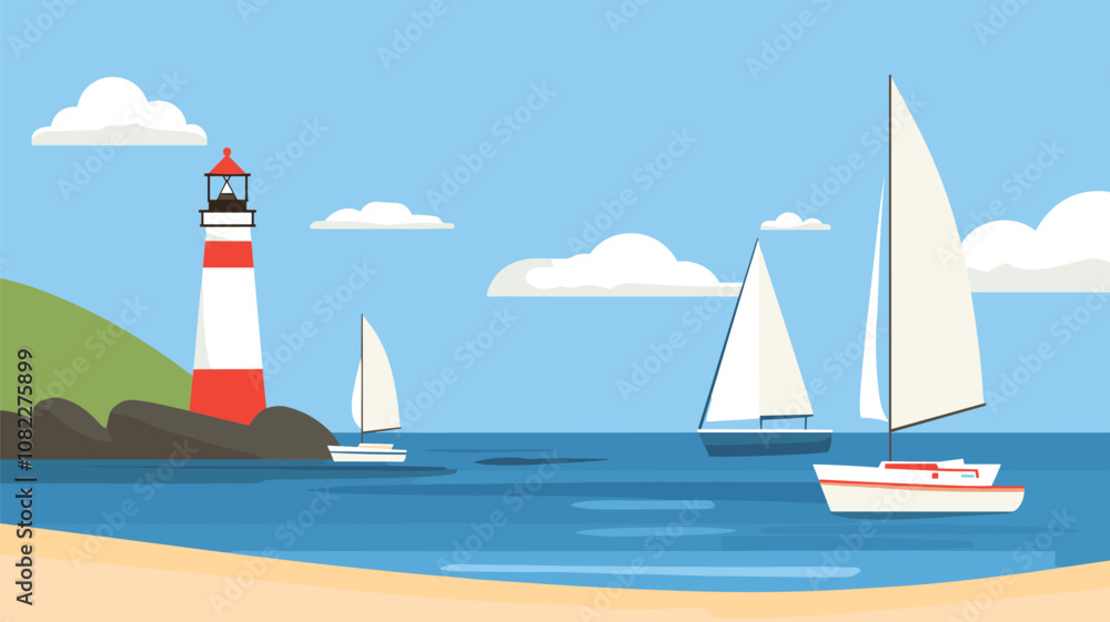 Naklejka premium Sailboats and Lighthouse on Calm Sea
