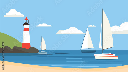 Sailboats and Lighthouse on Calm Sea