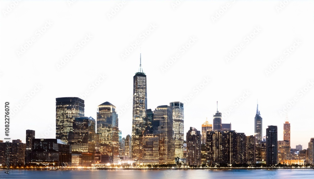 Obraz premium New York City skyline at night with illuminated skyscrapers on an isolated white background. Concept of cityscape and urban design template