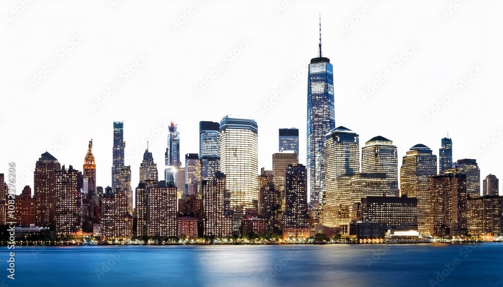 Obraz premium New York City skyline at night with illuminated skyscrapers on an isolated white background. Concept of cityscape and urban design template