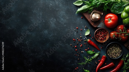 A vibrant arrangement of fresh vegetables and spices, featuring tomatoes, peppers, basil, and mushrooms on a dark background.