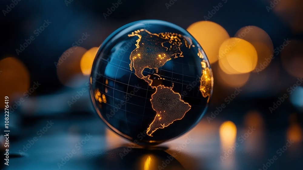 Illuminated Glass Globe Representing the World with Americas in Focus Illuminated Glass Globe Representing the World with Americas in Focus