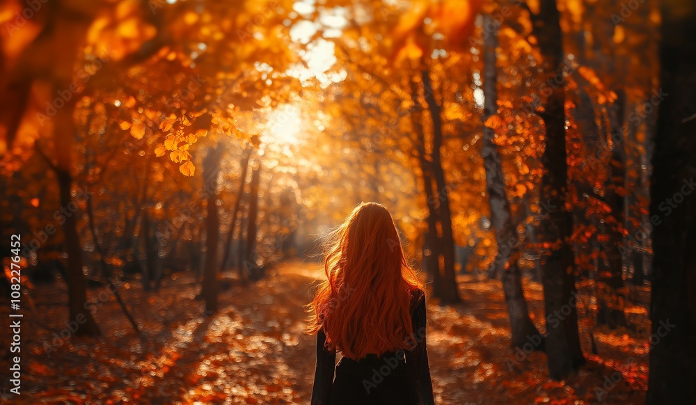 Young woman walking in bright autumn forest Young woman walking in bright autumn forest