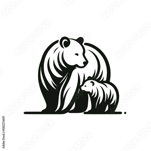 A black and white silhouette of mother bear with cub, minimalist stroke, minimalist art style, vector, isolated, transparent background