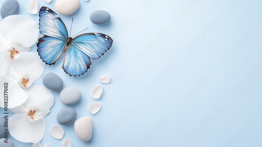 Blue butterfly on pastel background with orchids and stones