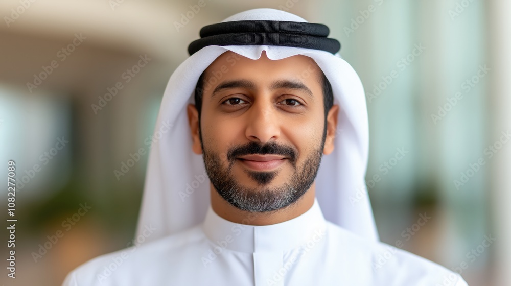 Confident middle-eastern man in traditional attire with modern background Confident middle-eastern man in traditional attire with modern background