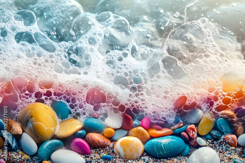 Colorful stones glisten along the shore as gentle waves create a frothy embrace at dawn