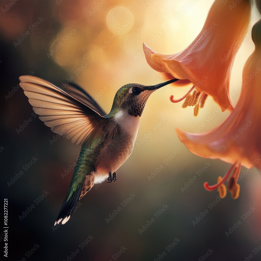 Naklejka premium A vibrant hummingbird hovering near a colorful flower, capturing the essence of nature's beauty.