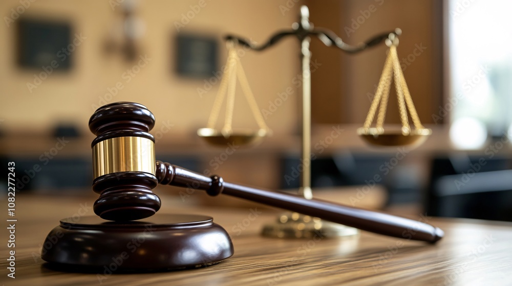 Close-Up of a Gavel Resting on a Wooden Table with a Set of Scales in the Background, Symbolizing Justice and Legal Proceedings in a Courtroom Setting Close-Up of a Gavel Resting on a Wooden Table with a Set of Scales in the Background, Symbolizing Justice and Legal Proceedings in a Courtroom Setting