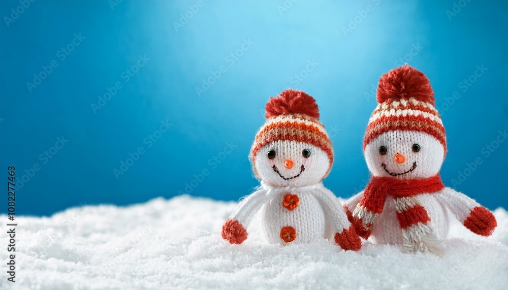 little knitted snowmans on soft snow on blue background little knitted snowmans on soft snow on blue background
