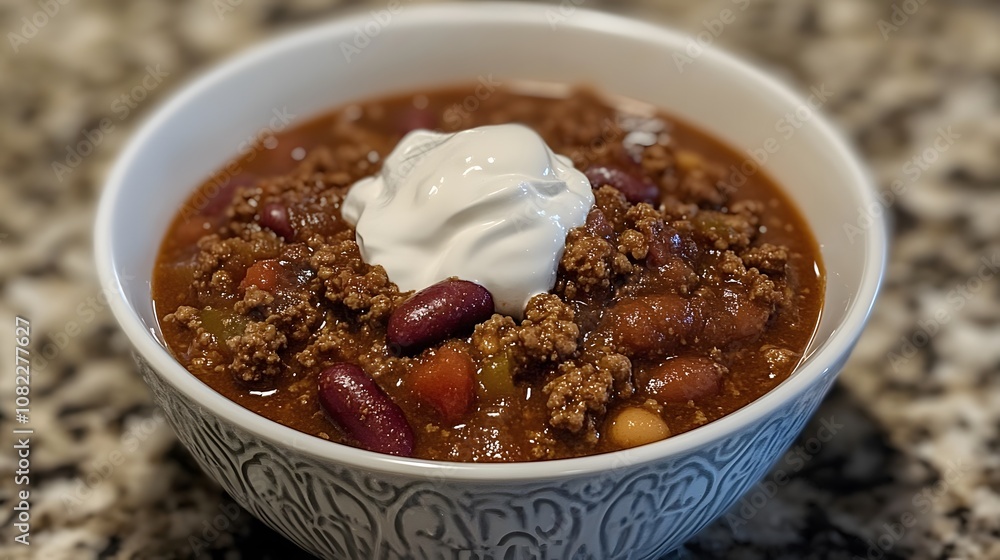 A bowl of chili, spicy stew made with ground beef, beans, tomatoes, and chili peppers, topped with sour cream.
A bowl of chili, spicy stew made with ground beef, beans, tomatoes, and chili peppers, topped with sour cream.