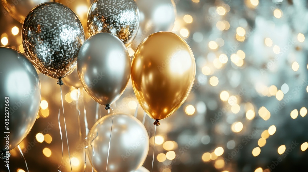 Metallic gold and silver New Year 2025 balloons floating in a lively, brightly lit room, surrounded by festive decorations Metallic gold and silver New Year 2025 balloons floating in a lively, brightly lit room, surrounded by festive decorations