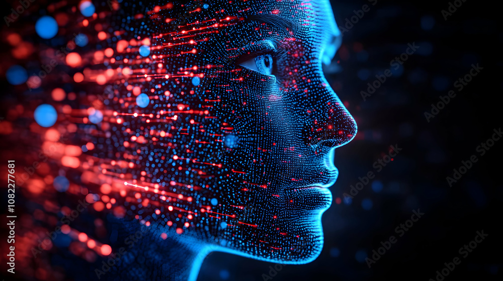 Abstract 3D Digital Face Rendered with Glowing Blue and Red Particles, Forming a Futuristic Portrait Background Abstract 3D Digital Face Rendered with Glowing Blue and Red Particles, Forming a Futuristic Portrait Background