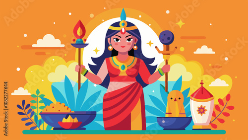 Cartoon woman holds torch and food bowl, radiating fun and happiness