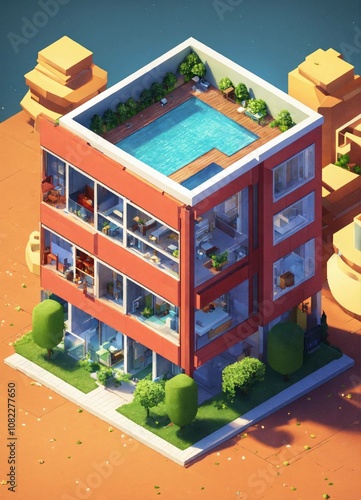 Detailed isometric real estate, pixel art, c4d, full focus, isolated background
