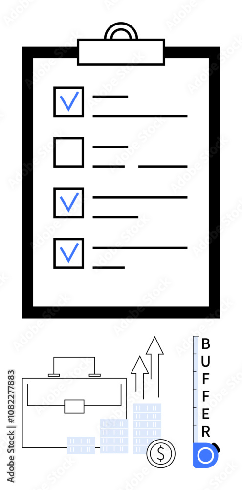 Task checklist on clipboard with checkmarks, business briefcase, growth charts, dollar coin, and buffer meter indicator. Ideal for productivity tools, business planning, goal setting, progress Task checklist on clipboard with checkmarks, business briefcase, growth charts, dollar coin, and buffer meter indicator. Ideal for productivity tools, business planning, goal setting, progress