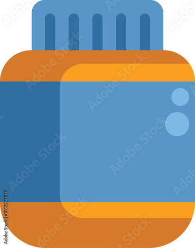 Blue and orange medicine bottle sitting on a white background