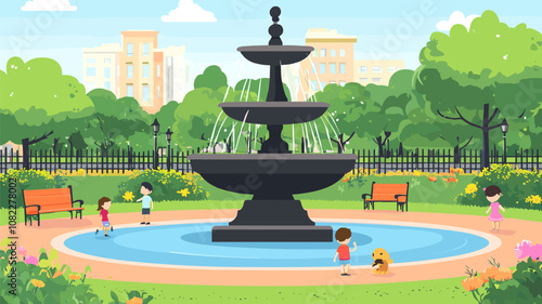 Park Fountain with Children Playing