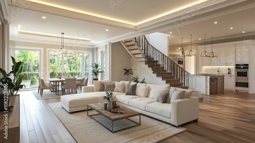 Bright and airy modern living room with a white sectional sofa and elegant decor in a spacious home interior.