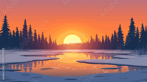 Frozen River with Sunset Sky