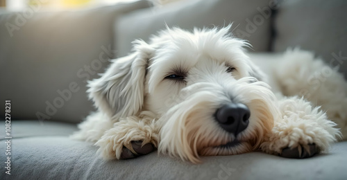 Relaxing dog portrait at home cozy living room pet photography indoor close-up comfort