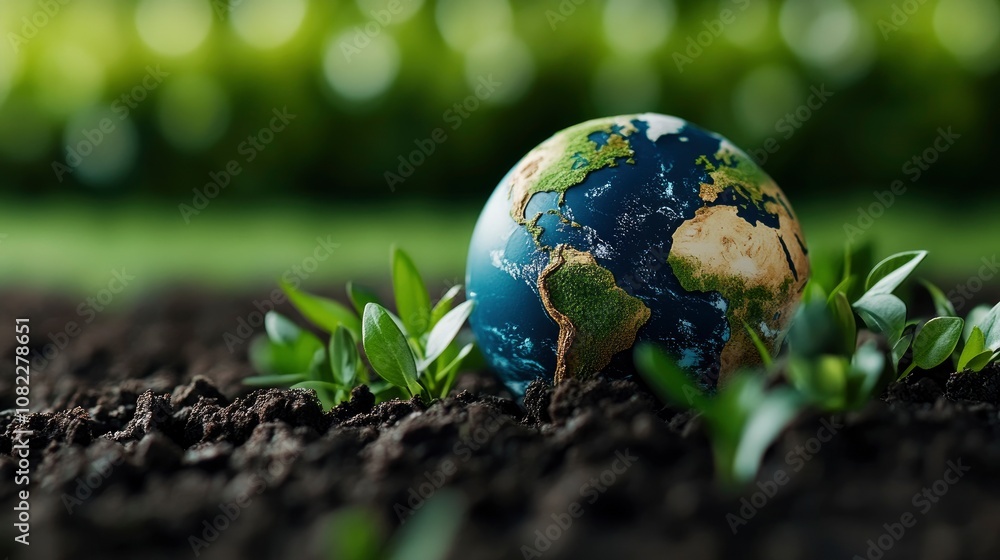 Earth Globe in Soil with Green Plants Earth Globe in Soil with Green Plants