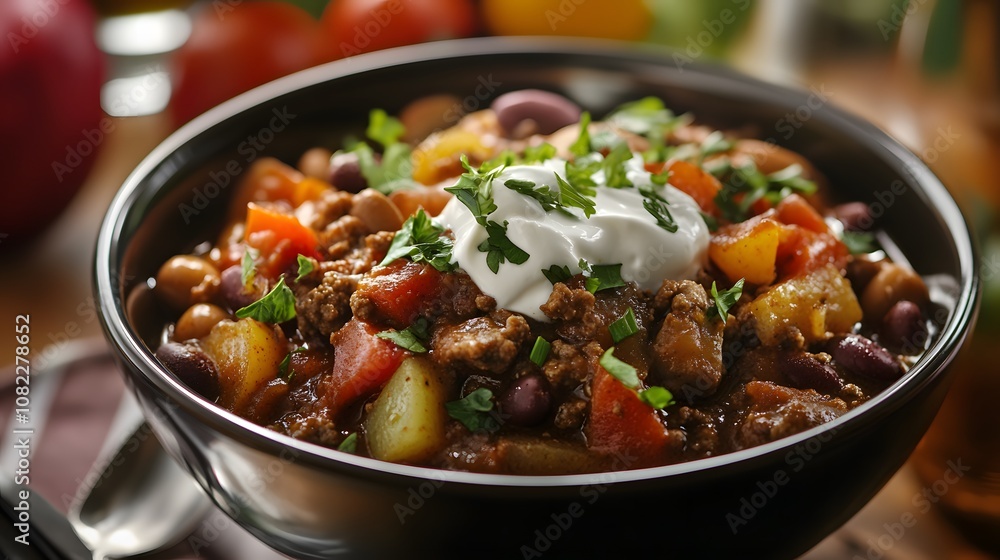 A bowl of chili, spicy stew made with ground beef, beans, tomatoes, and chili peppers, topped with sour cream.
A bowl of chili, spicy stew made with ground beef, beans, tomatoes, and chili peppers, topped with sour cream.