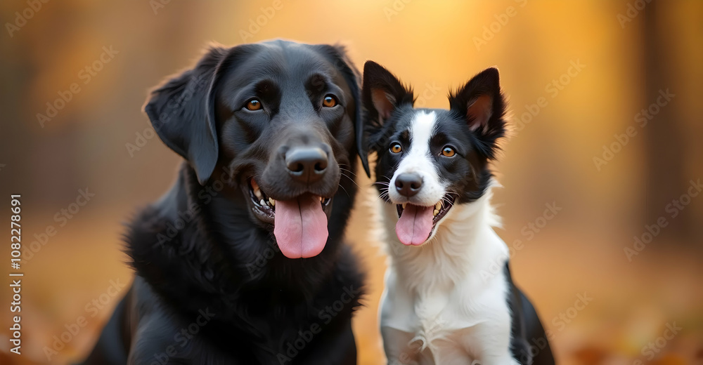 Playful dogs enjoying autumn day in the park outdoor close-up Playful dogs enjoying autumn day in the park outdoor close-up