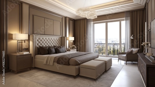 Luxurious bedroom featuring a chic design with neutral tones and elegant furnishings.