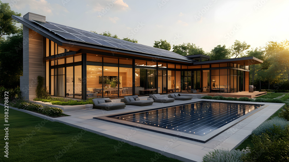 Modern Solar-Powered Home with Pool: Evening Sunlight Illuminates Glass Walls and Outdoor Patio Modern Solar-Powered Home with Pool: Evening Sunlight Illuminates Glass Walls and Outdoor Patio