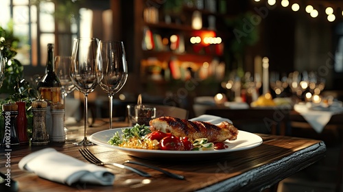 A beautifully plated dish featuring grilled chicken, garnished with fresh vegetables, served in an elegant restaurant setting.