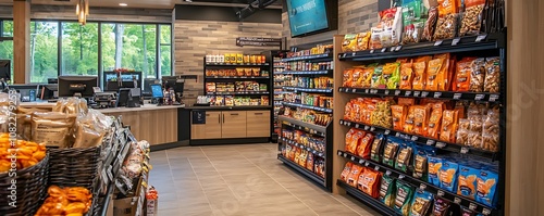 A modern convenience store interior showcasing snacks and beverages on shelves.